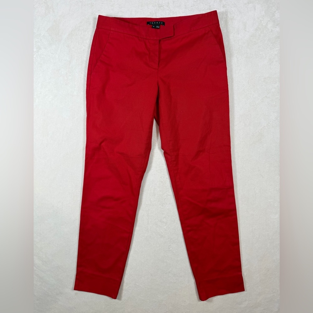 Like New Theory Size 6 Vibrant Red Cotton Stretch Trousers Pants Designer Lux